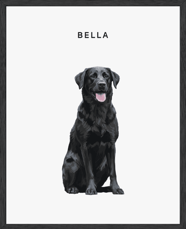 Modern full-body portrait of Bella on pearl background in a black oak frame