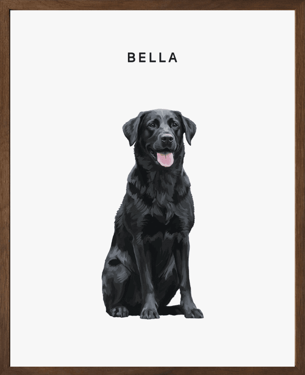 Modern full-body portrait of Bella on pearl background in a walnut oak frame