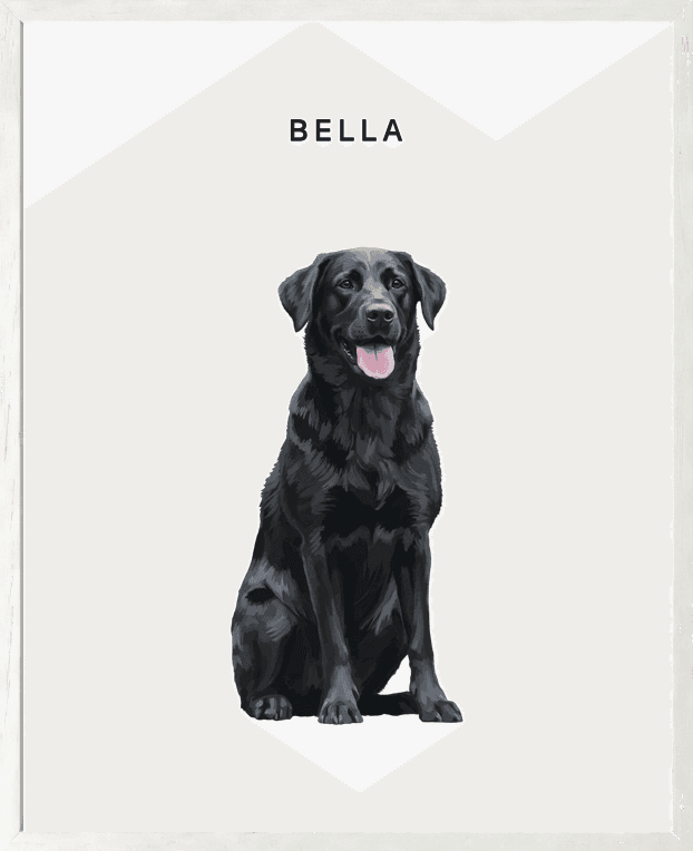 Modern full-body portrait of Bella on pearl background in a white oak frame