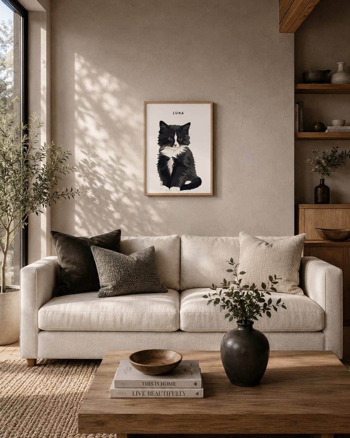 Framed full-body portrait hanging above a sofa in a sunlit living room
