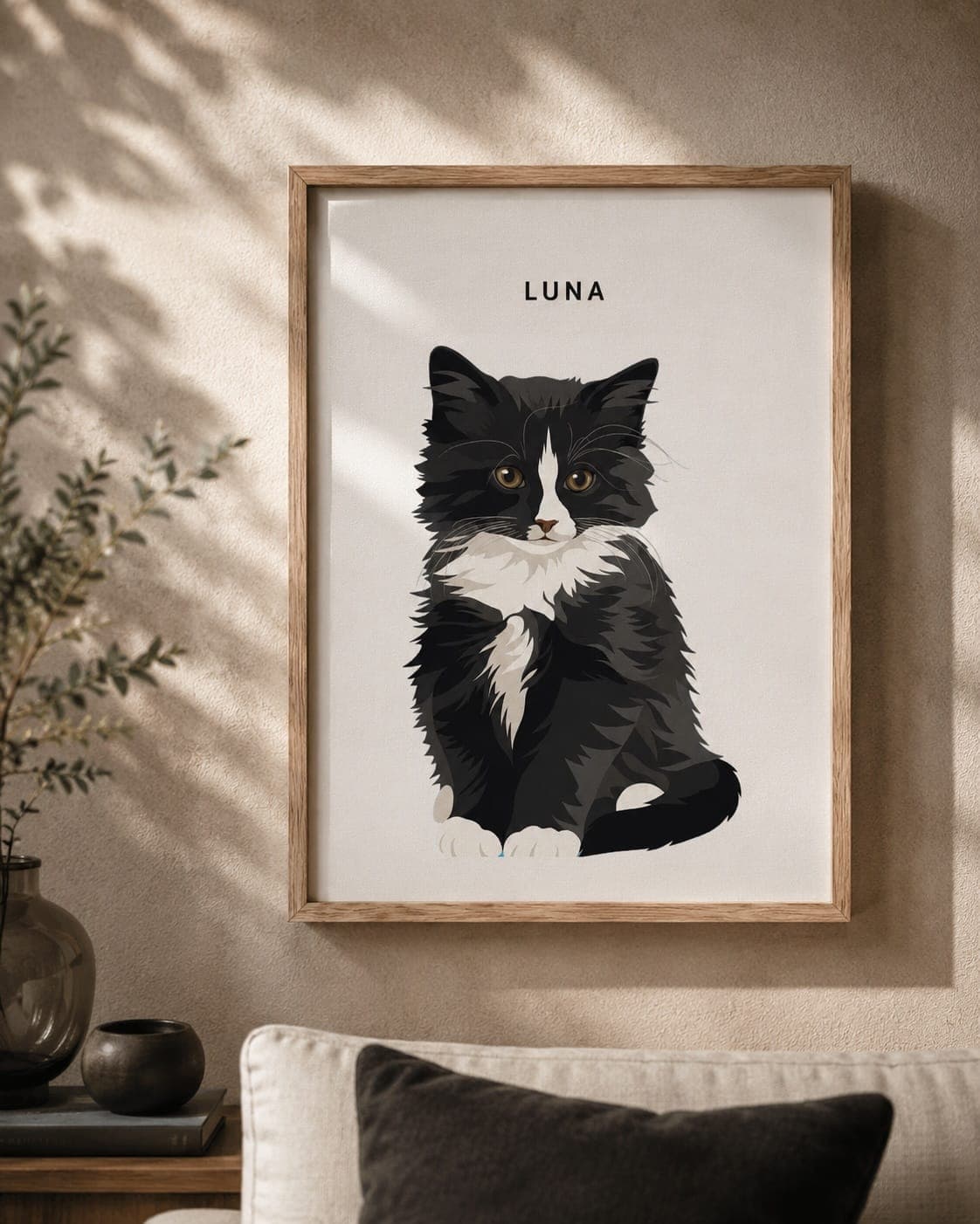 Close-up of the natural oak frame around the Luna portrait