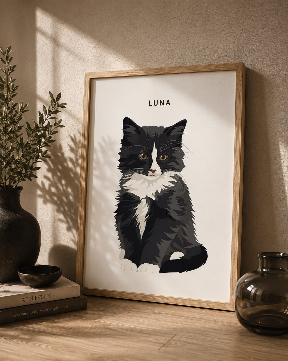 A framed Luna portrait leaning against a wall, showing the natural oak frame up close