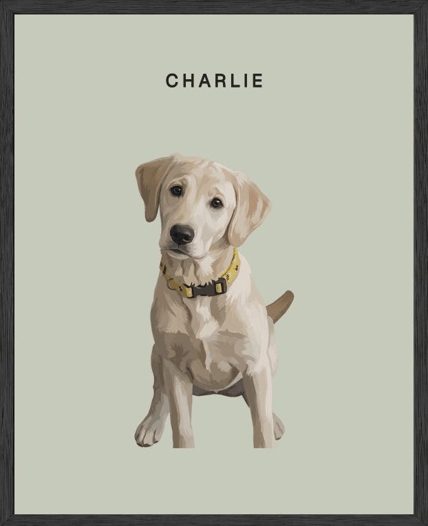 Modern full-body portrait of Charlie on eucalyptus background in a black oak frame