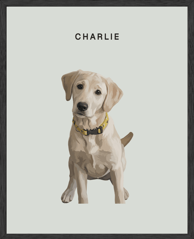 Modern full-body portrait of Charlie on mist background in a black oak frame