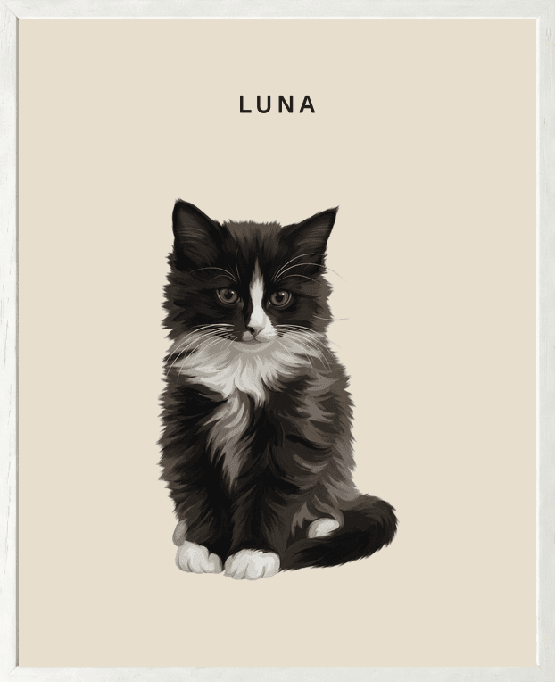 Modern full-body portrait of Luna on dune background in a white oak frame