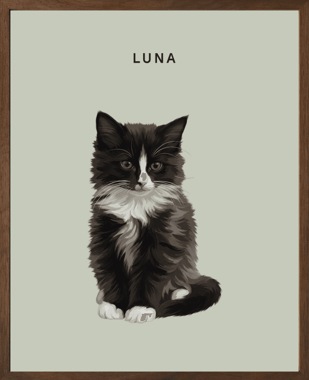 Modern full-body portrait of Luna on eucalyptus background in a walnut oak frame