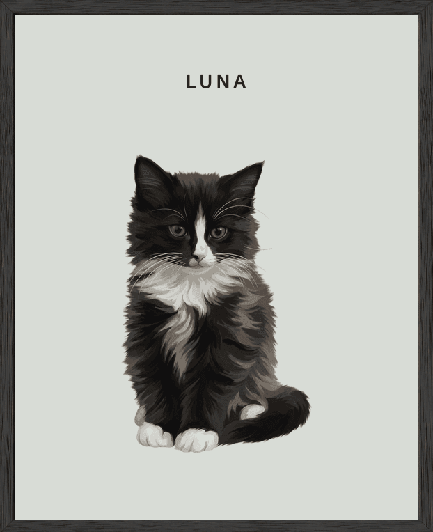 Modern full-body portrait of Luna on mist background in a black oak frame
