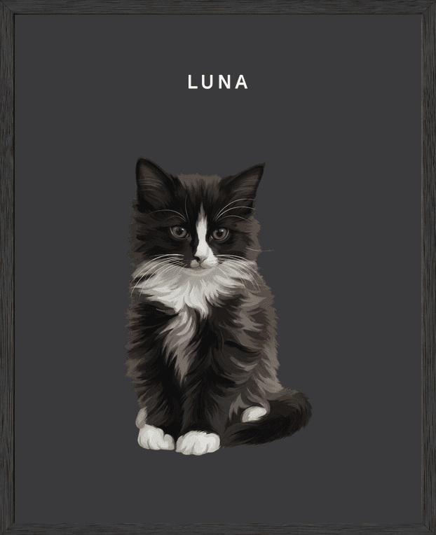 Modern full-body portrait of Luna on noir background in a black oak frame