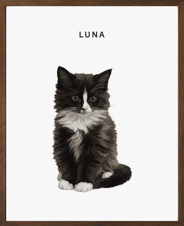 Modern full-body portrait of Luna on pearl background in a walnut oak frame