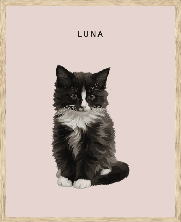 Modern full-body portrait of Luna on rose background in a natural oak frame