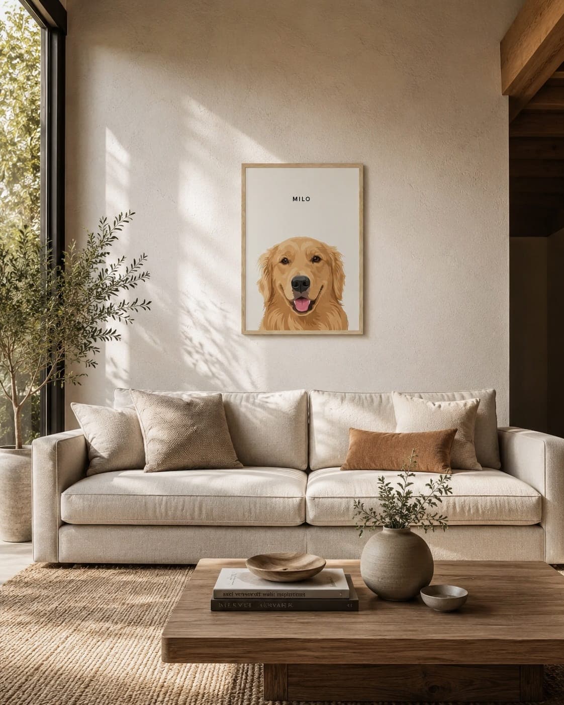 A framed Milo portrait hanging above a sofa in a sunlit living room