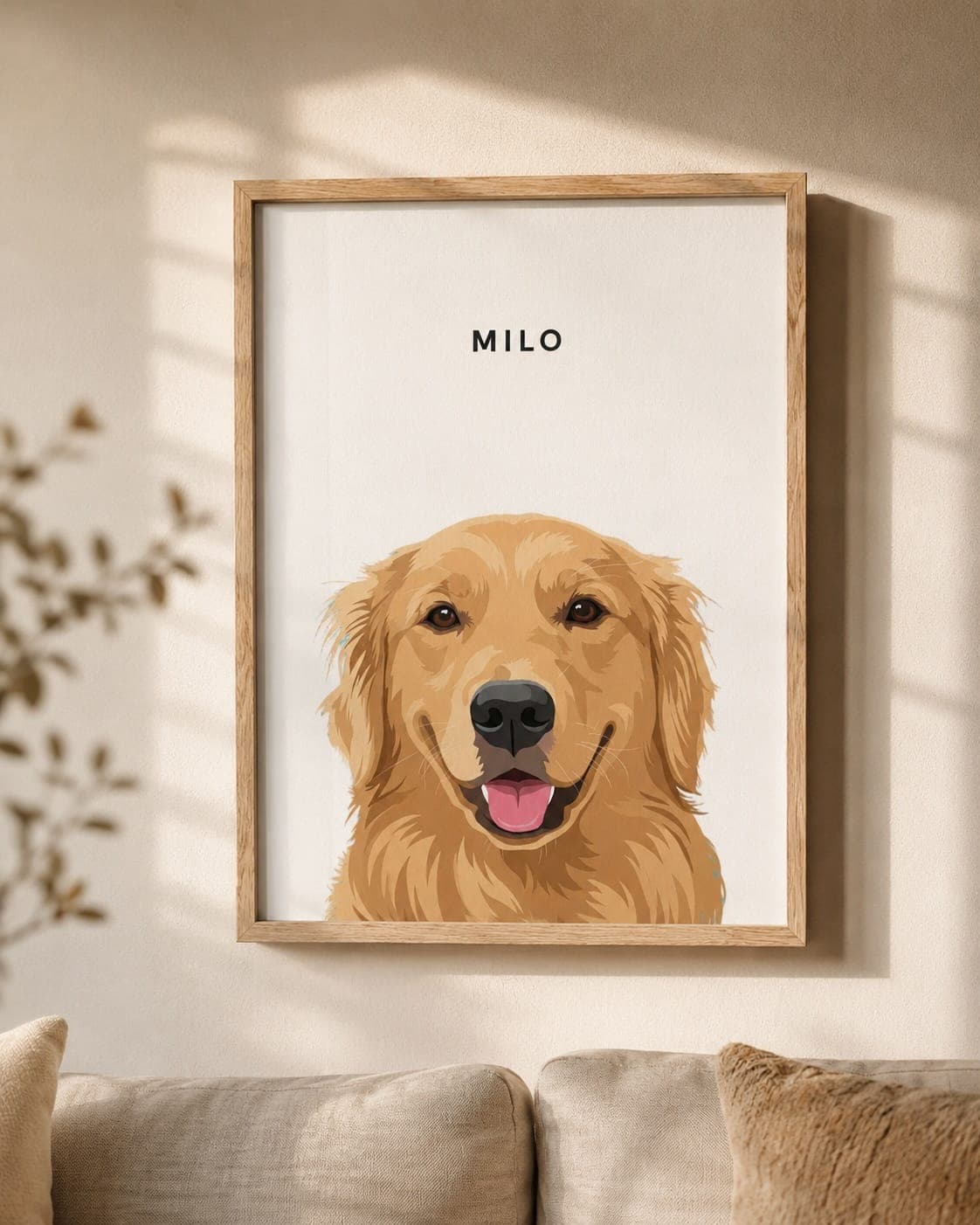 Close-up of the natural oak frame around the Milo portrait