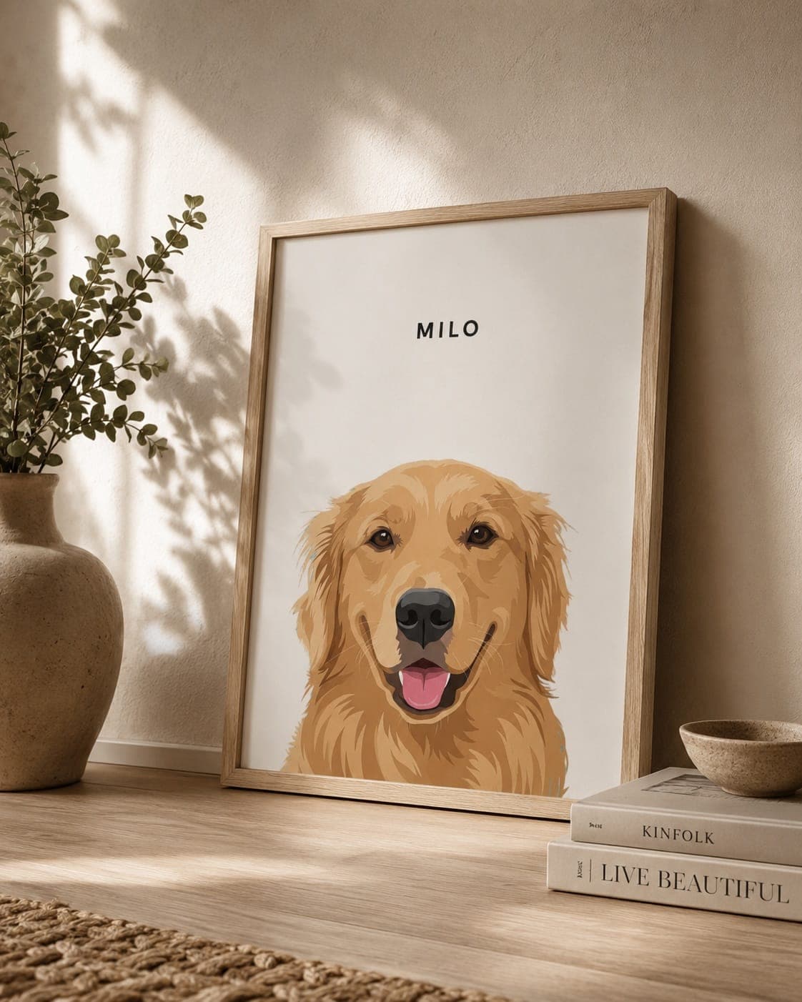 Framed Milo portrait leaning against a wall on a console table
