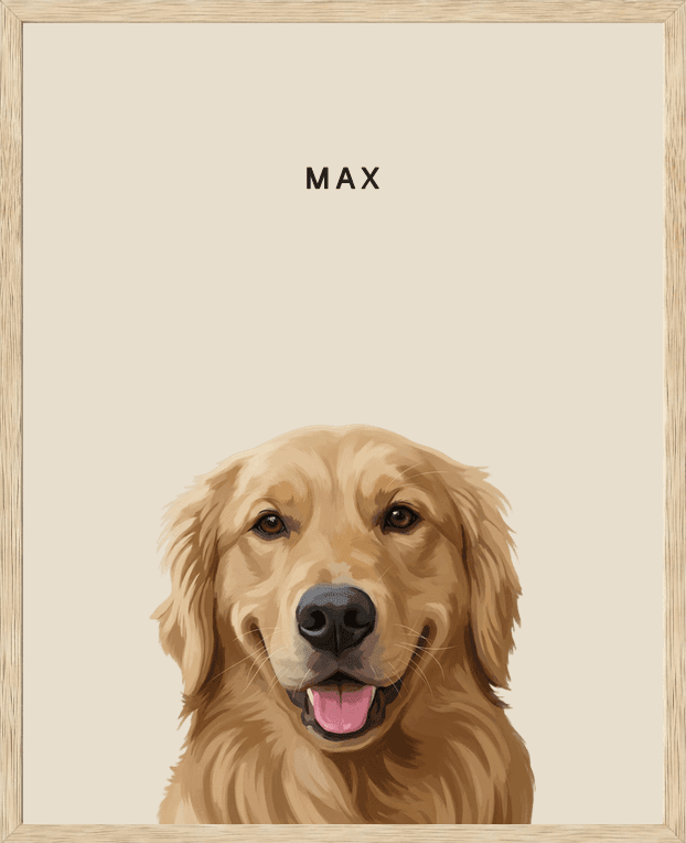 Framed head portrait of Max, a golden retriever, on a dune background in a natural oak frame