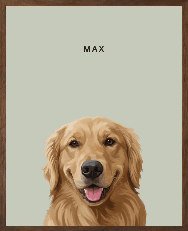 Modern head portrait of Max on eucalyptus background in a walnut oak frame
