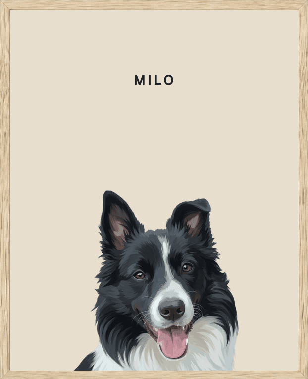 Modern head portrait of Milo on dune background in a natural oak frame