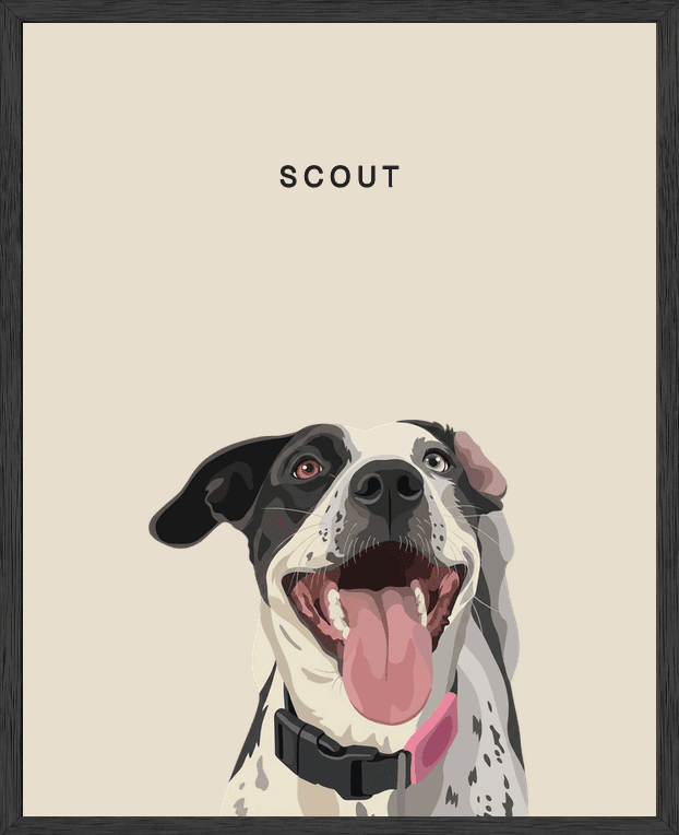 Modern head portrait of Scout on dune background in a black oak frame
