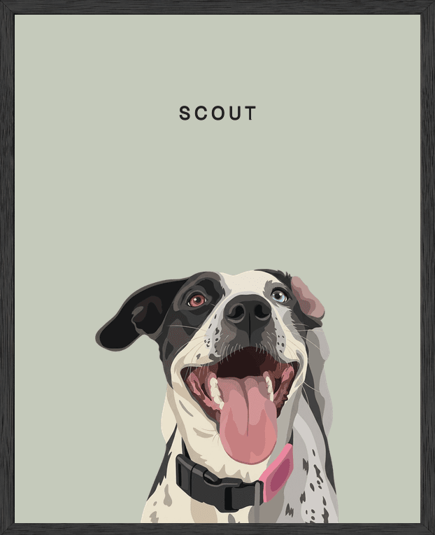Modern head portrait of Scout on eucalyptus background in a black oak frame
