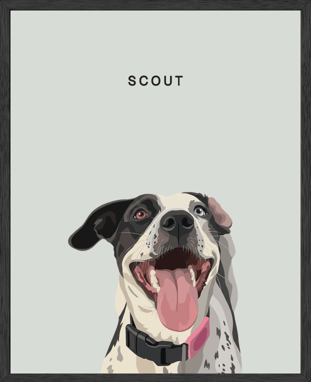 Modern head portrait of Scout on mist background in a black oak frame
