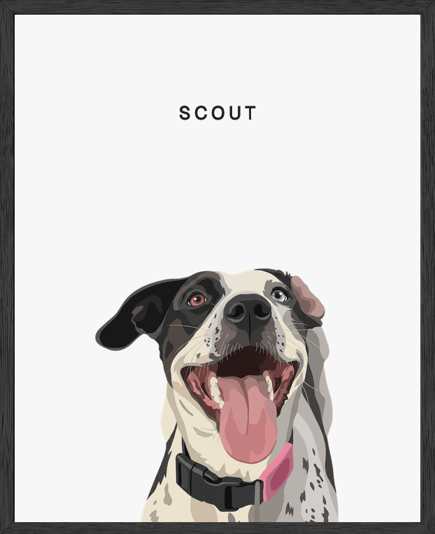 Modern head portrait of Scout on pearl background in a black oak frame