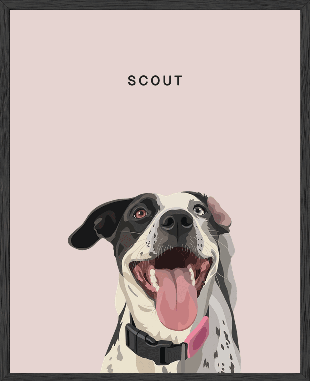 Modern head portrait of Scout on rose background in a black oak frame